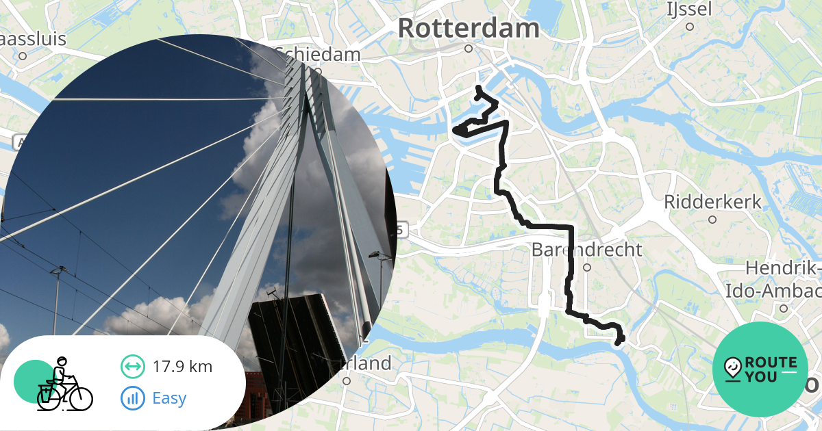 Barendrecht - Roterdam, Erasmusbrug 17,9km, dan waterbus naar Hendrik