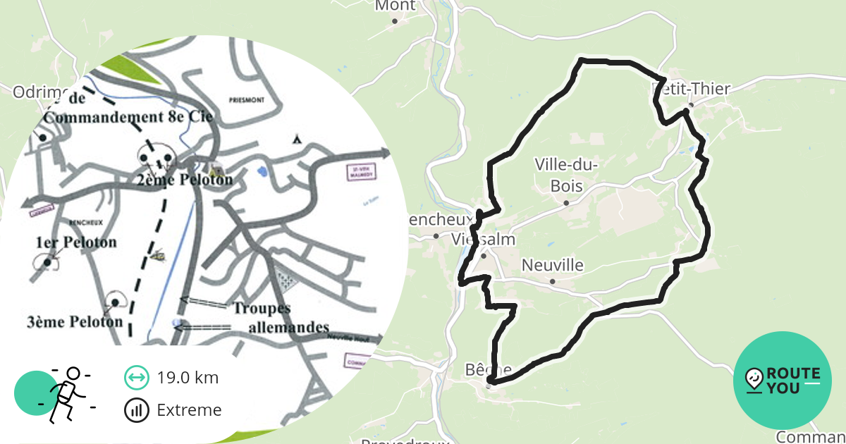 Parcours d’entraînement de 100 km à pied à PetitThier Itinéraire de course/footing RouteYou